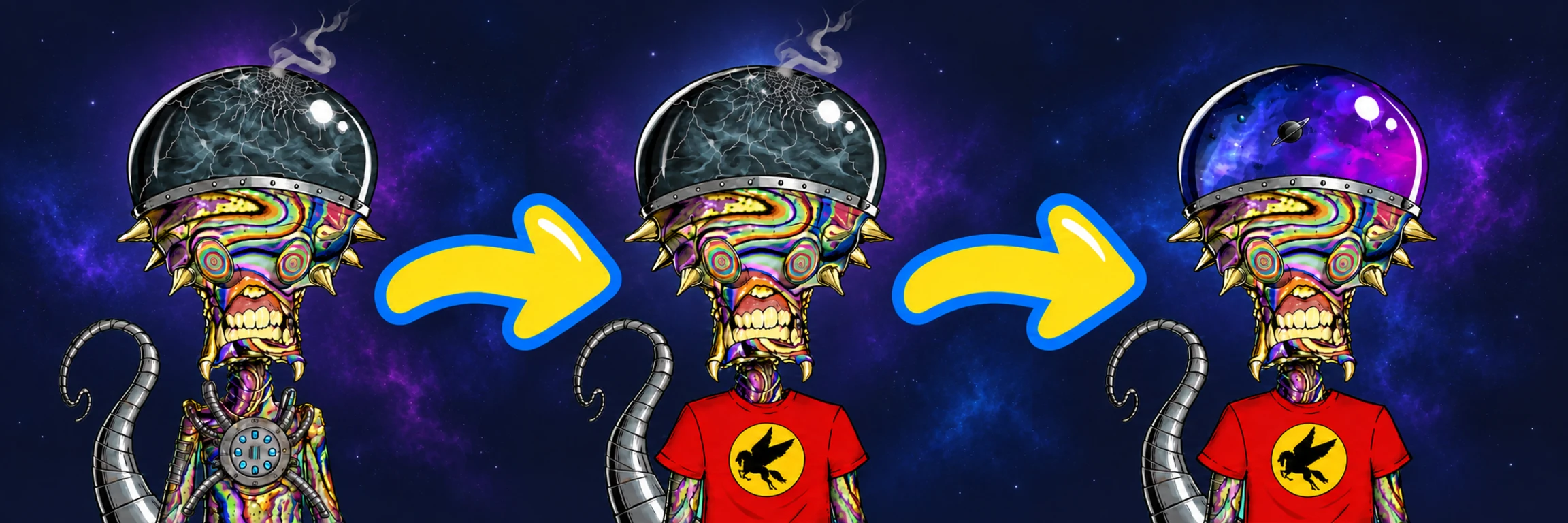 Three stages of the same Cosmic Trippie: original Power Pack and Smoke cranium, a new red Pegasus shirt, then a Galaxy cranium. Playful arrows show each transformation.